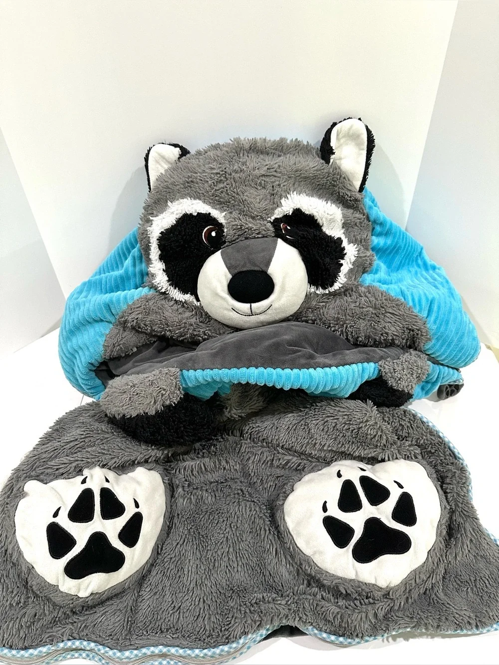 Hug Fun Animal Raccoon Sleeping Bag Nap Sack Plush Soft Kids Blue Grey Fuzzy 64”